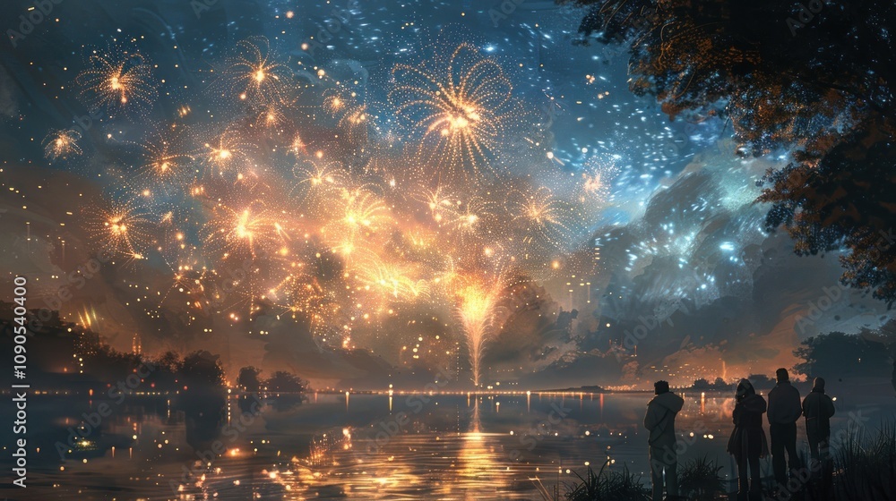 Fototapeta premium A vibrant fireworks display over a serene lake at night.