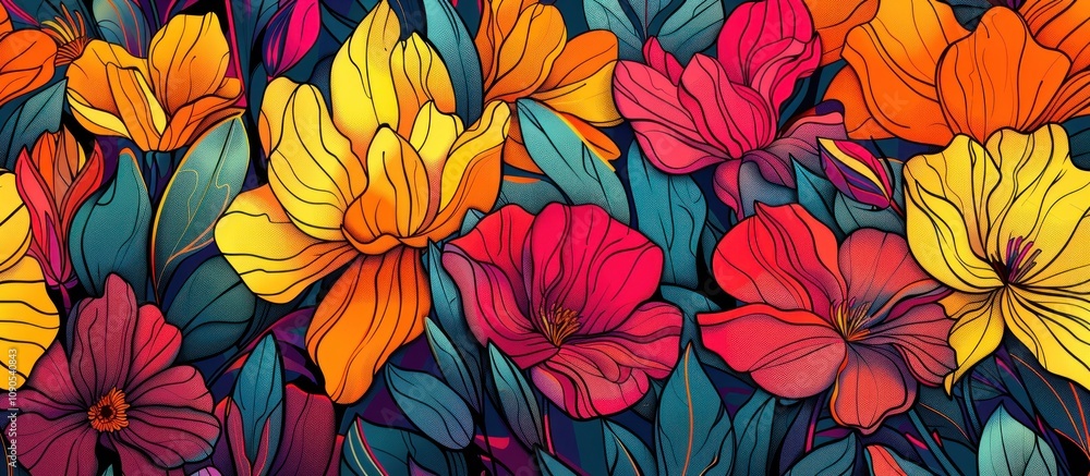 Fototapeta premium Vibrant floral illustration with colorful flowers and leaves.