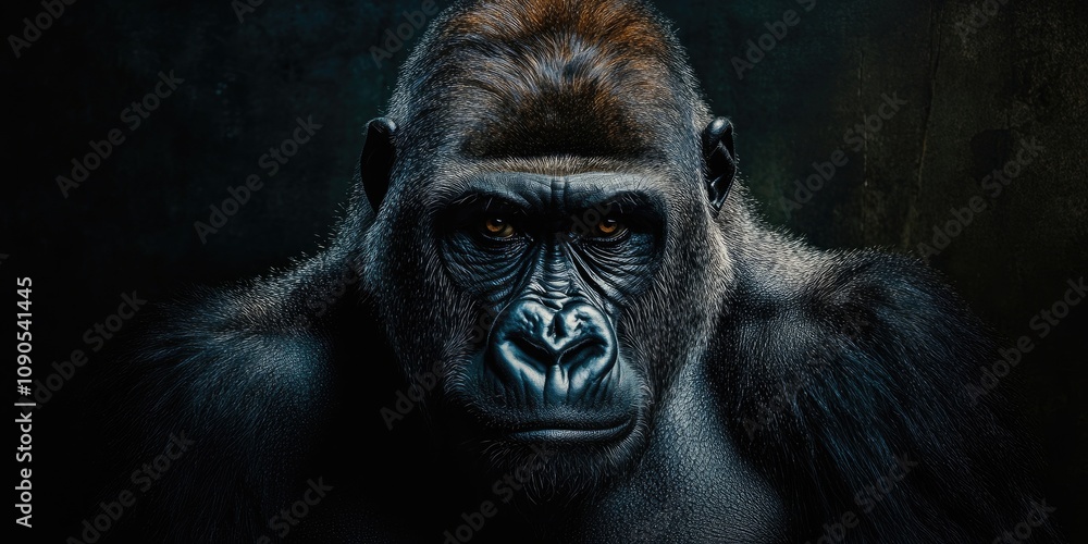Obraz premium A magnificent male gorilla in its natural habitat showcases the beauty of wildlife. This impressive male gorilla embodies strength and grace while thriving in its natural habitat.