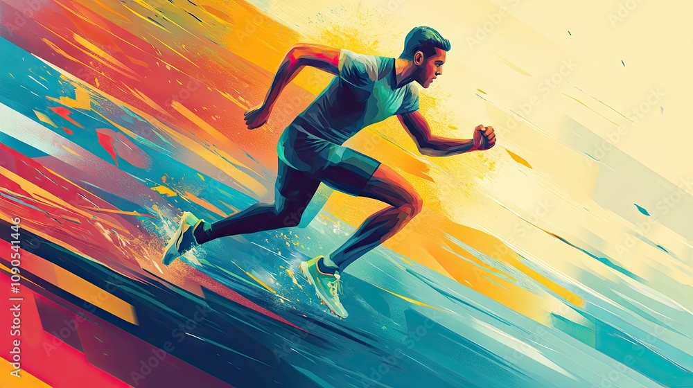 Dynamic male athlete sprinting forward in a blaze of vibrant colors, conveying speed and energy. Dynamic male athlete sprinting forward in a blaze of vibrant colors, conveying speed and energy.