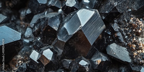 Black crystalline mineral known as tantalite, the primary source of tantalum, showcasing a distinct end member within a series of solid solutions. This specimen features interlocking tantalite