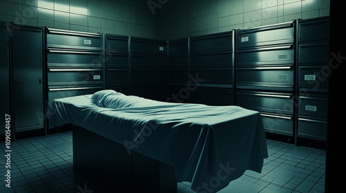 Covered body on a gurney in a morgue