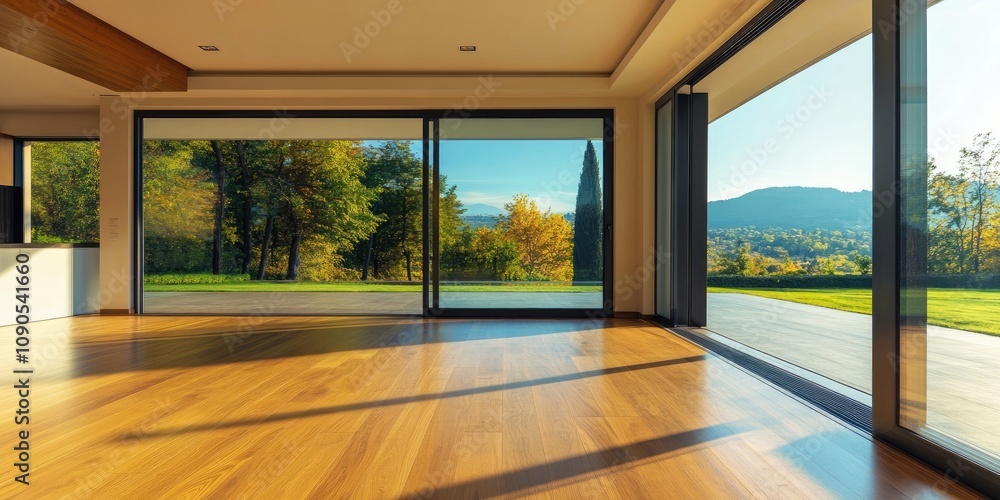 Fototapeta premium An empty living room featuring wood flooring and expansive sliding glass doors that open to the patio area, highlighting the spaciousness of the empty living room design.