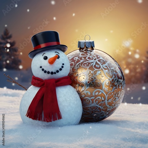 A cheerful snowman celebrating Christmas in a snowy winter scene with a scarf and hat