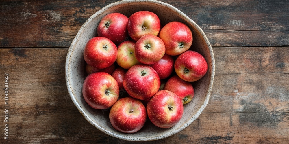Aerial view of a bowl filled with fresh Fuji apples resting on a natural wood surface, highlighting the vibrant colors and texture of Fuji apples in the rustic setting. Aerial view of a bowl filled with fresh Fuji apples resting on a natural wood surface, highlighting the vibrant colors and texture of Fuji apples in the rustic setting.
