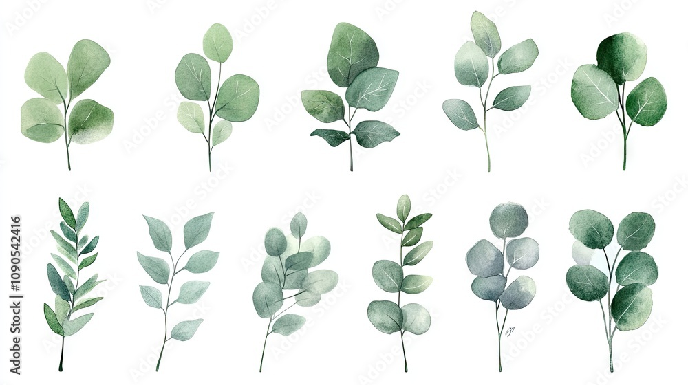 Fototapeta premium A collection of watercolor botanical illustrations featuring various green leaves and branches.