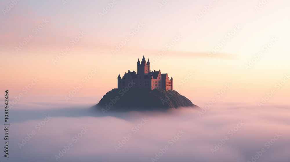 Obraz premium majestic castle sits atop hill, surrounded by sea of clouds at sunrise, creating serene and mystical atmosphere. soft pastel colors of sky enhance enchanting view