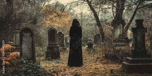 Young widow standing solemnly in a graveyard, reflecting on memories and loss. The graveyard serves as a poignant backdrop for the young widow s emotional journey and remembrance. photo