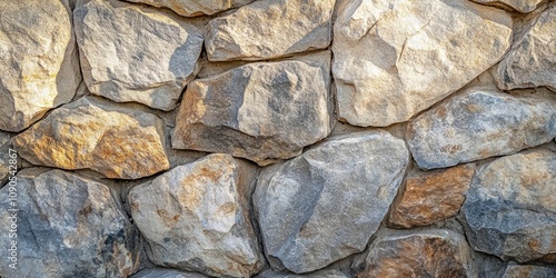 Close up view of a stone wall showcasing textures and colors, beautifully illuminated by sunlight on a bright, sunny day, emphasizing the unique features of the stone wall.