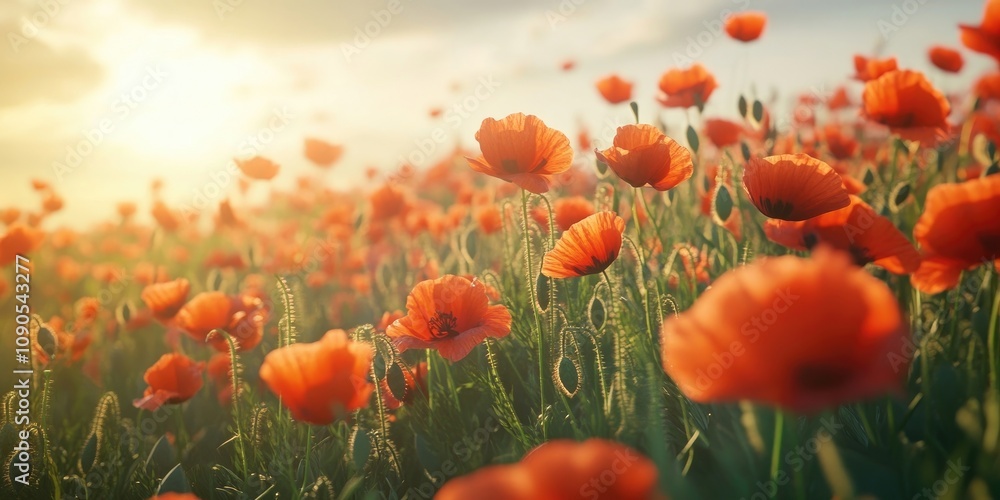 Fototapeta premium Vibrant field of wild red poppies blooming under the bright sun, creating a stunning summer day landscape filled with colorful wild red poppies swaying gently in the warm breeze.