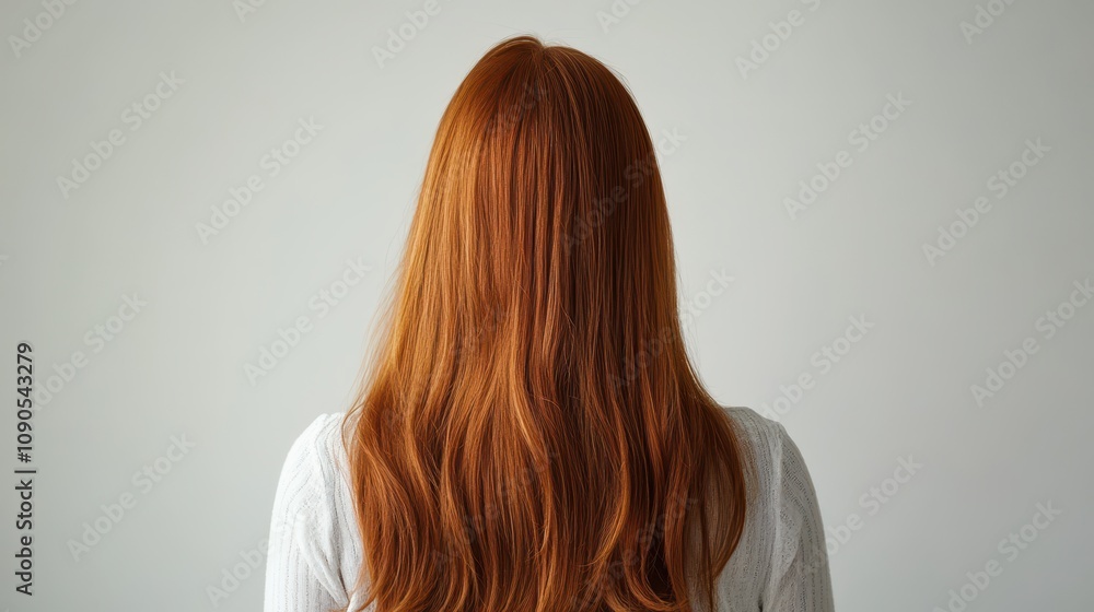 Fototapeta premium Beautiful model girl with orange hair strand,silky healthy chestnut wavy hair strand,hair wavy ribbon, with smooth,Keratin straightening,Treatment,straight long hair,procedures,Smooth hairstyle.
