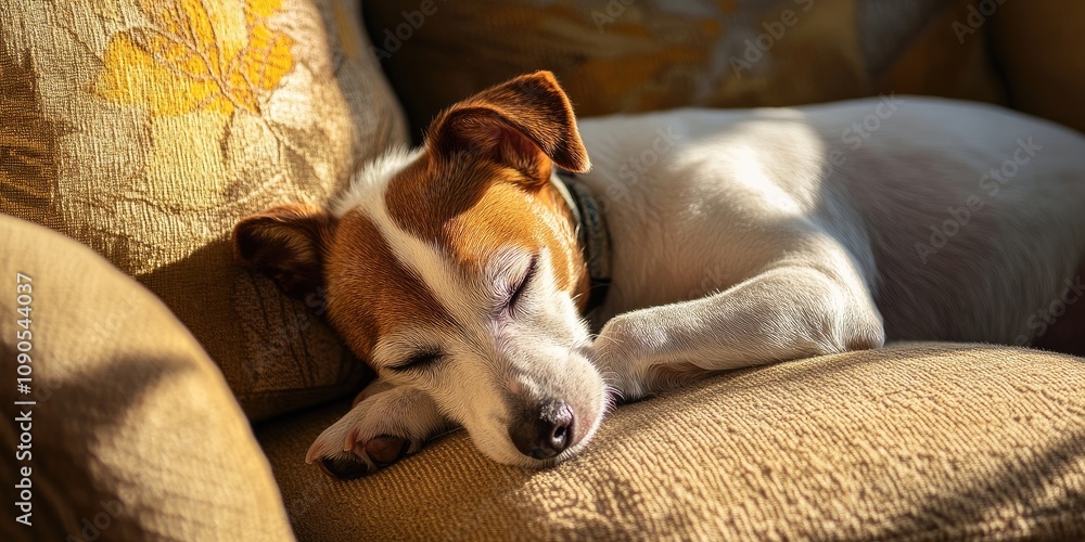 Obraz premium Adorable elderly dog, a Jack Russell terrier, peacefully sleeping on a sofa in a sunbeam indoors. This cozy scene captures the relaxed atmosphere of a clean home with a beloved pet.