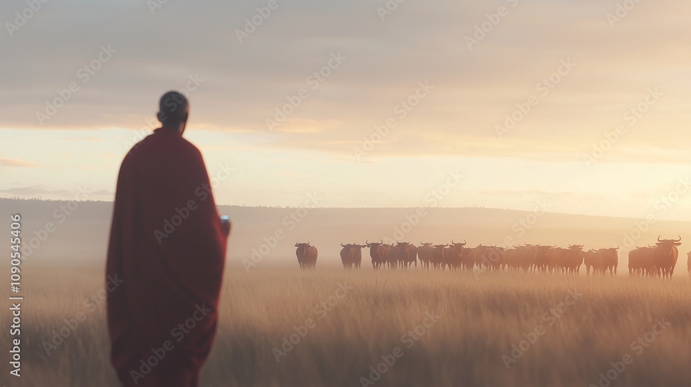 Fototapeta premium Maasai herder guiding cattle with GPS technology