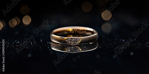 Modern wedding ring displayed in a close up photograph on a sleek black background, highlighting the elegant design of the wedding ring and its unique modern features. photo