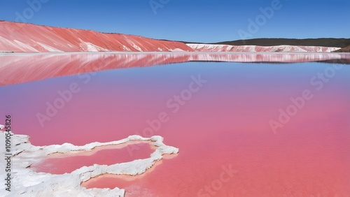 The striking pink lake bumbunga with pink salt crust meeting clear blue sky and reflections, AI Generated photo