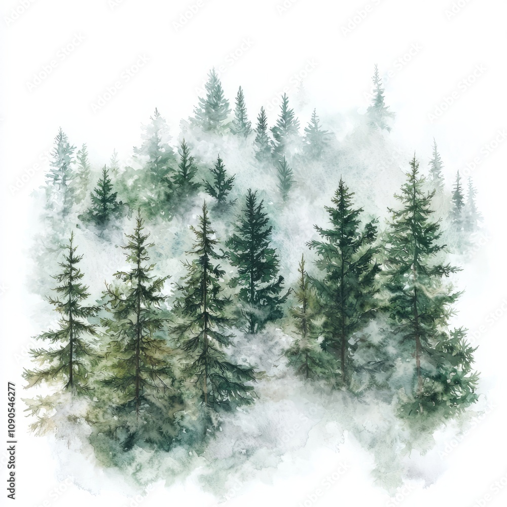 Fototapeta premium Watercolor painting of a dense forest with thick morning mist swirling around the trees, on isolated white background