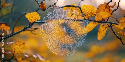 An intricately formed spider web captured in vivid detail during the autumn season, showcasing the delicate and striking beauty of a spider web in nature s fall transition. photo