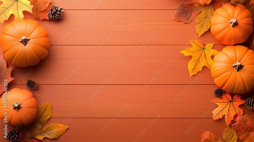 Fototapeta premium An autumn background featuring pumpkins, colorful leaves, and a mix of rustic textures, perfect for festive holiday backgrounds and wallpapers.