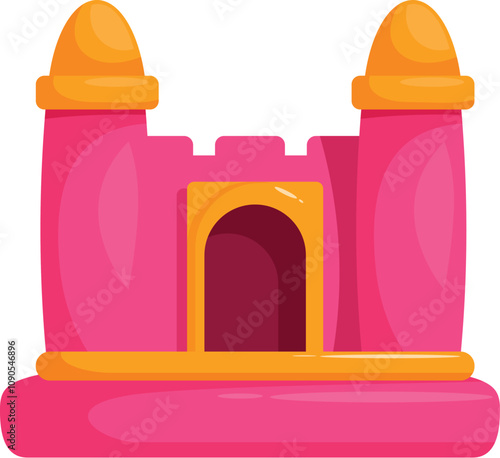 Cartoon illustration of a pink inflatable bouncy castle shaped like a fortress with two towers and a large arch entrance, ideal for children's parties and outdoor entertainment
