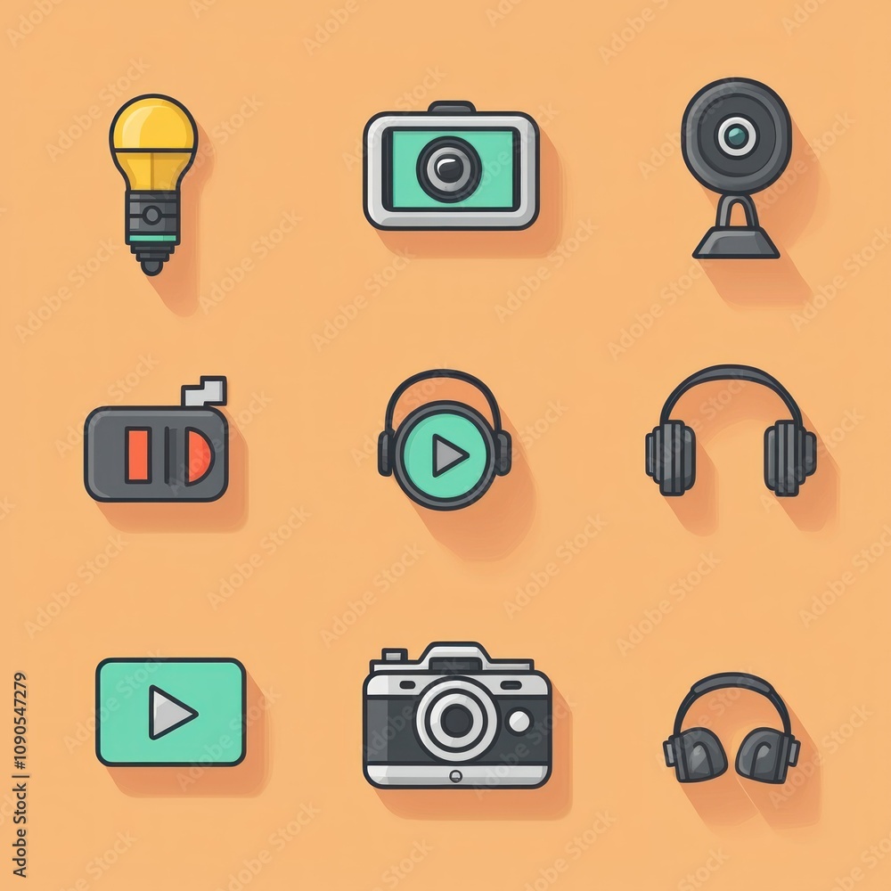 Icon Set Featuring Multimedia Devices on a Vibrant Background, Including Camera, Headphones, Microphone, Light Bulb, and More for Creative Projects and Digital Designs Icon Set Featuring Multimedia Devices on a Vibrant Background, Including Camera, Headphones, Microphone, Light Bulb, and More for Creative Projects and Digital Designs