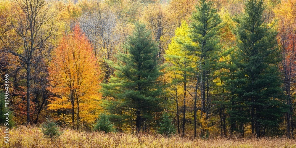 Obraz premium Vibrantly colored forest in autumn showcases a stunning array of green, yellow, and brown foliage. This autumn scene features mixed trees that create a picturesque woodland atmosphere.