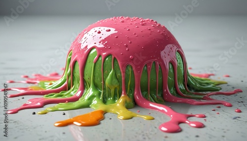A wet, greasy glob of slime oozing from an object, spreading a sticky, unpleasant mess across a neutral surface, Generative AI
