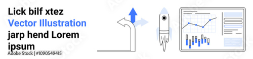 Rocket launching, upward arrow, and chart with blue bars represent business growth, success, and data analysis. Ideal for business presentations, startup pitches, marketing strategies, financial