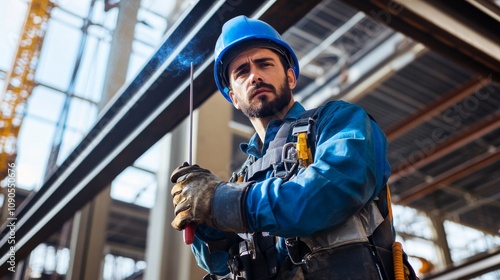 An ironworker in a blue hard hat and safety harness, holding a welding rod and looking determinedly at the camera, with a backdrop of steel beams and a crane photo