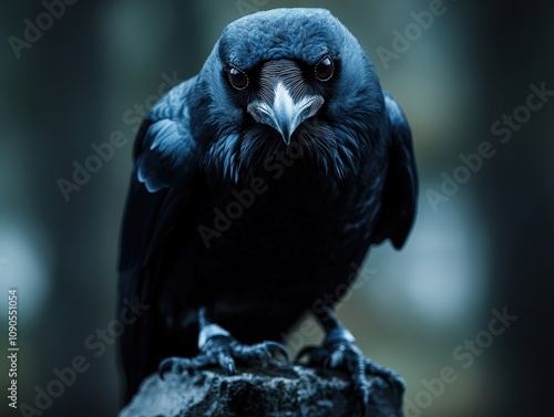 A striking close-up of a raven staring intently from its rocky perch, capturing the intricate details of its dark feathers and piercing gaze wrapped in a mysterious atmosphere. photo