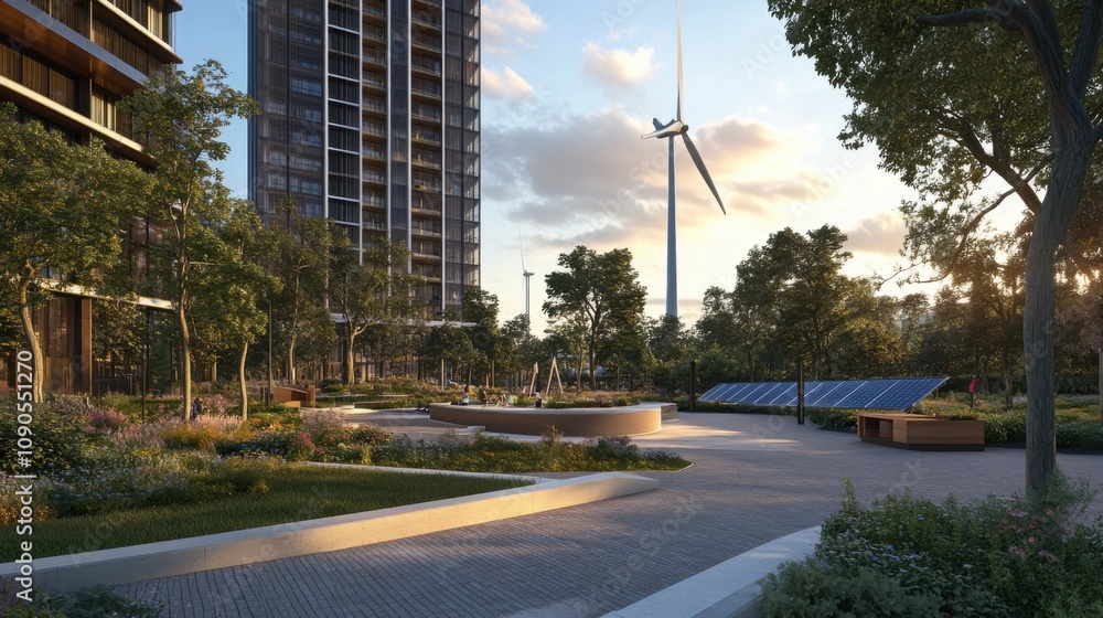 Naklejka premium Modern Urban Park Featuring Sustainable Design Elements, Solar Panels, Wind Turbine, Lush Greenery, and Contemporary Architecture in a Sunlit Setting
