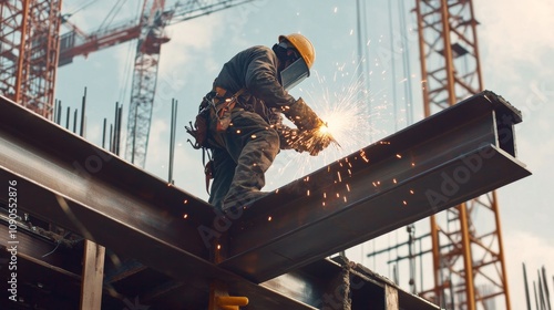An ironworker welding steel beams at a skyscraper construction site, with sparks flying against a backdrop of cranes and scaffolding, Steel erection scene
