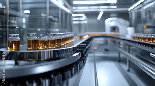 A close-up view of a modern pharmaceutical production line featuring glass vials filled with amber liquid. photo