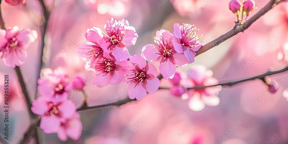 Obraz premium Blossoming pink cherry trees greet the arrival of early spring, showcasing vibrant pink cherry blossoms that bring life and beauty to the landscape in this seasonal display.