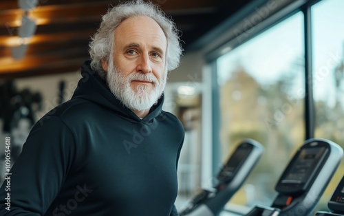 A Senior Man's Inspiring Fitness Journey: Embracing a Healthy Lifestyle in a Modern Gym Setting. photo