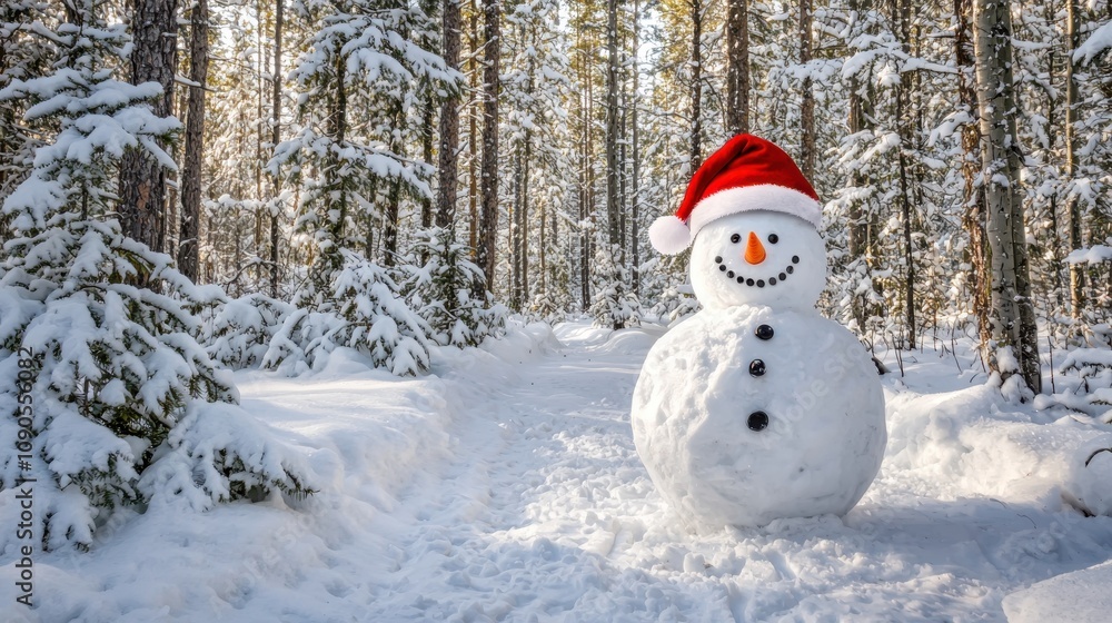 Obraz premium Snowman in Santa Hat Amid Snowy Forest