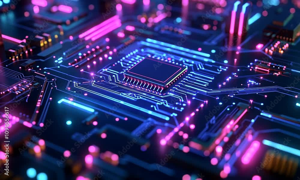 Glowing Neon Circuit Board with Central Processing Unit Glowing Neon Circuit Board with Central Processing Unit