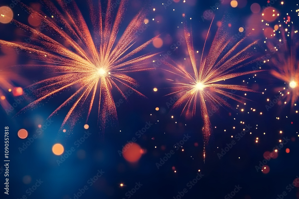 Fototapeta premium Celebratory colorful fireworks bursting in a night sky over a dark blue backdrop festive background