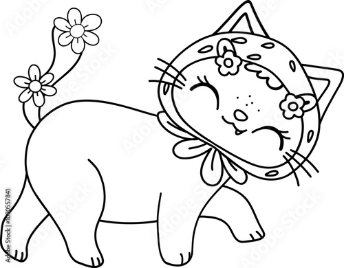 Retro Groovy Strawberry Cat walking coloring image