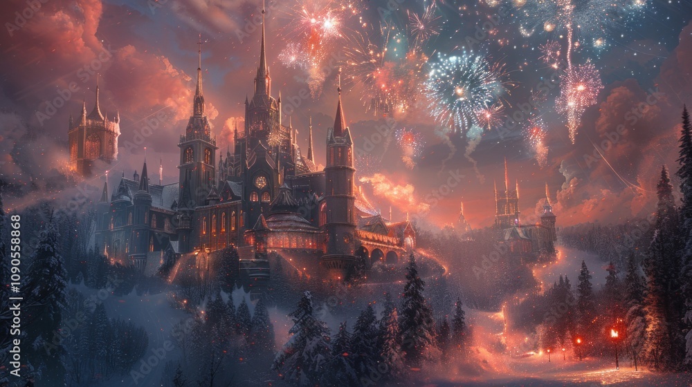 Fototapeta premium Enchanted castle amidst fireworks in a snowy landscape.
