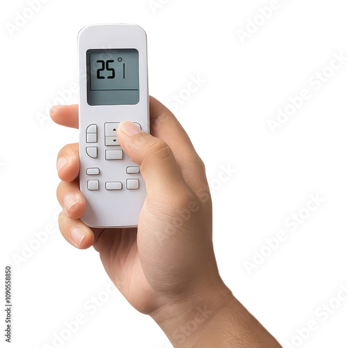 Hand holding air conditioner remote control set to 25°C on transparent background clipart photo