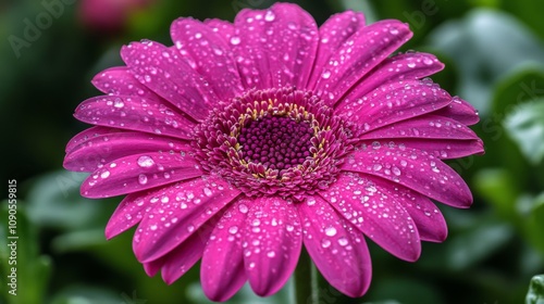 Vivid Pink Gerbera Daisy with Dew Drops in Close-Up, Showcasing Nature's Beauty and Elegance with Luscious Green Background