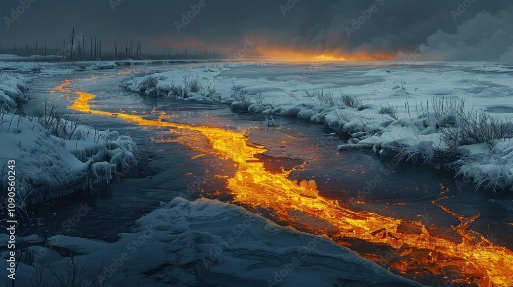 Fototapeta premium A contrasting landscape of flowing lava and snow-covered terrain.