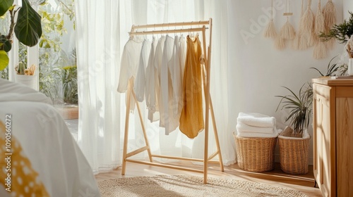 Bright and Airy Indoor Space with a Modern Clothes Drying Rack Surrounded by Natural Light and Greenery for Relaxing Home Environment