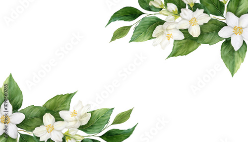 Green Vine Isolated on Transparent Background with Watercolor jasmine Leaves and jasmine flower for Invitations, corner border