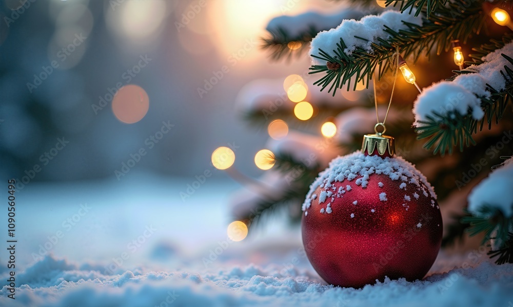 Obraz premium A Beautiful Golden balls Adorned on a snowy Christmas Tree with Sparkling Lights