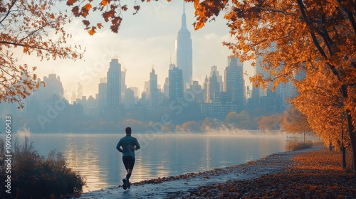 Jogger in Central Park with Midtown Manhattan Skyline in Autumn