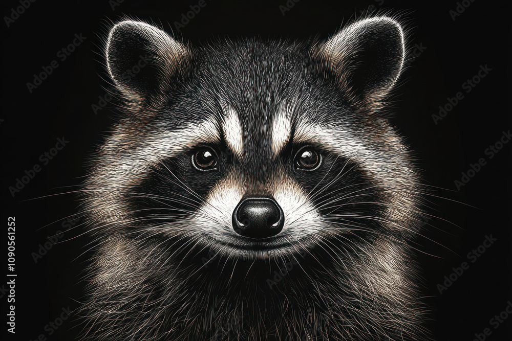 Obraz premium A close-up of a raccoon against a black background. The animal's fur is clearly drawn, creating a contrast between the light and dark areas of its fur. 