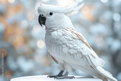 A white cockatoo perched on a light surface against a blurred bokeh background with soft shades of silvery blue and orange.   photo