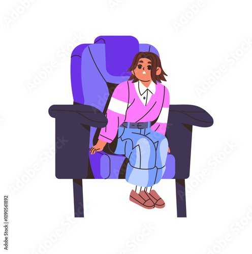 Cute kid in seat watching movies in cinema front view. Little spectator sits in armchair and watches films in theatre. Happy child is in theater performance. Flat isolated vector illustration on white