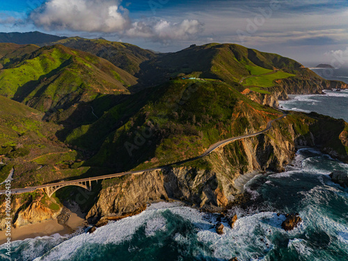 Famous Big Sur Rocky Creek Bridge south of Bixby Bridge and pasture
